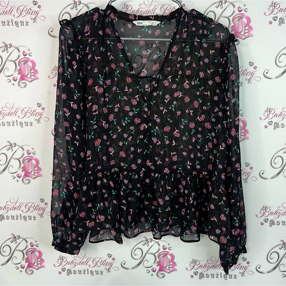 Zara top long sleeve roses pink green Black Floral Sheer Blouse